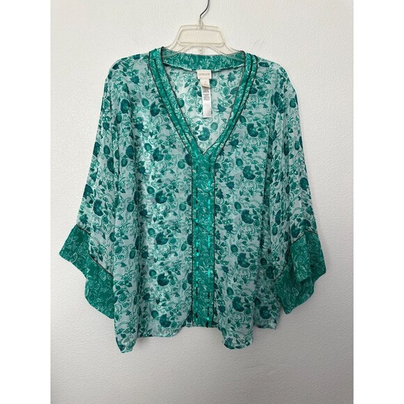 Chico's Congo Floral Tunic Green Beaded Floral V-Neck Lightweight Women's Large - Picture 1 of 8